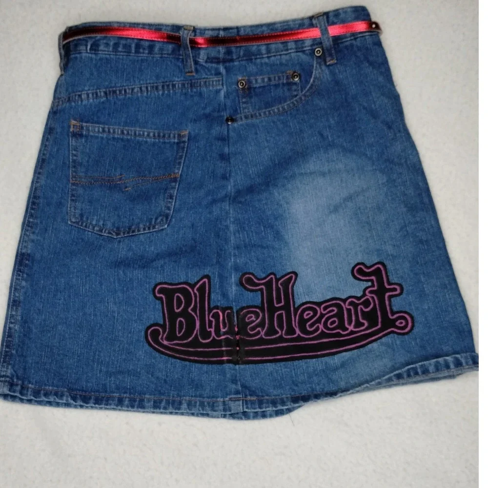 Blue Heart Jeans Denim Mini Skirt Y2K Heart Dice Painted Patches Womens  Size 16